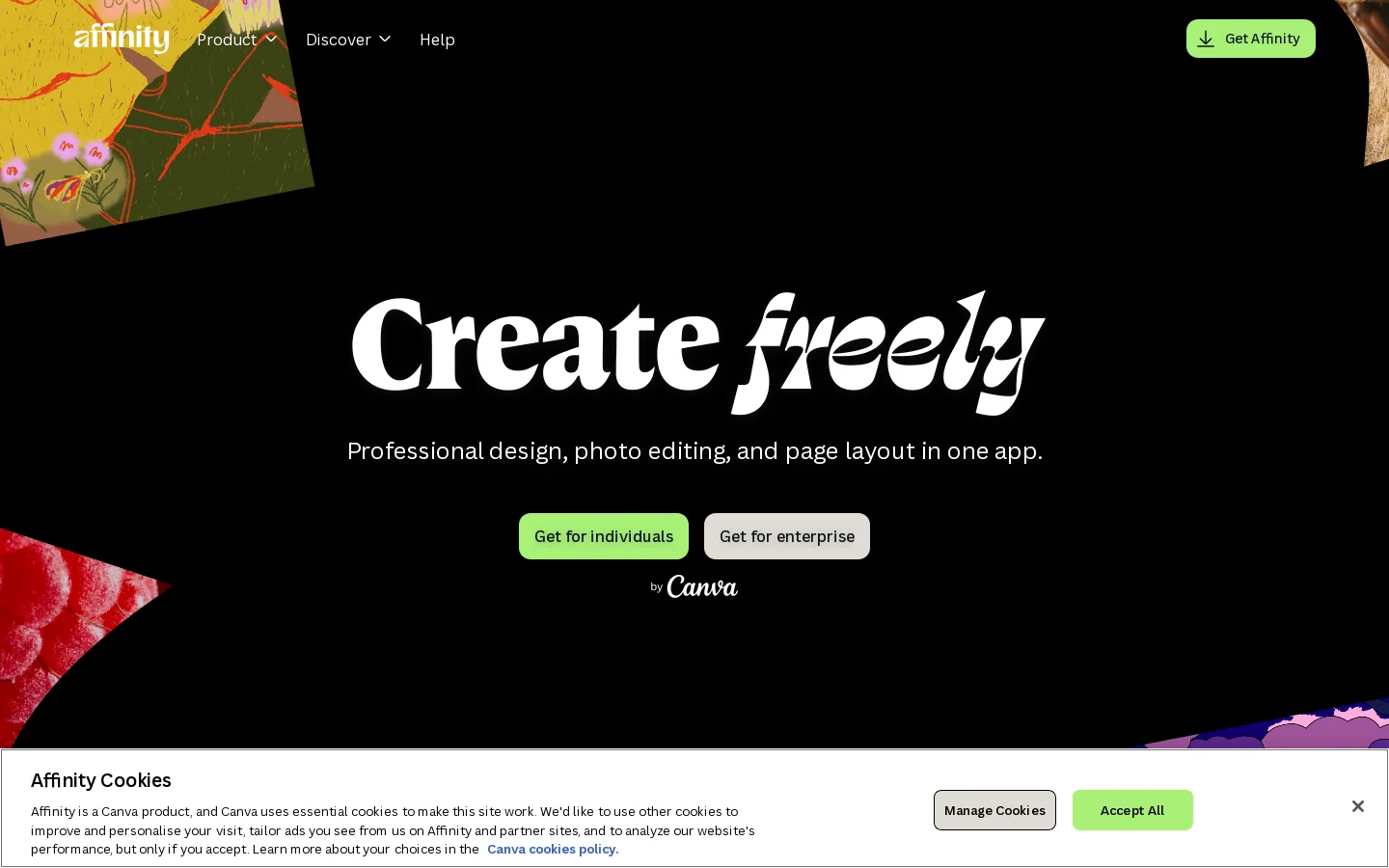 Professional Creative Software | Craft In Affinity, Scale In Canva Homepage screenshot