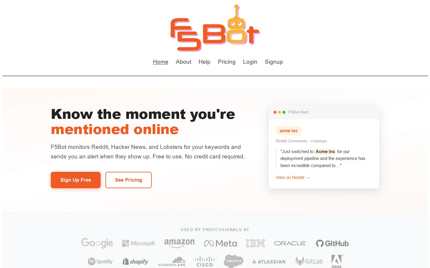 F5Bot Homepage screenshot