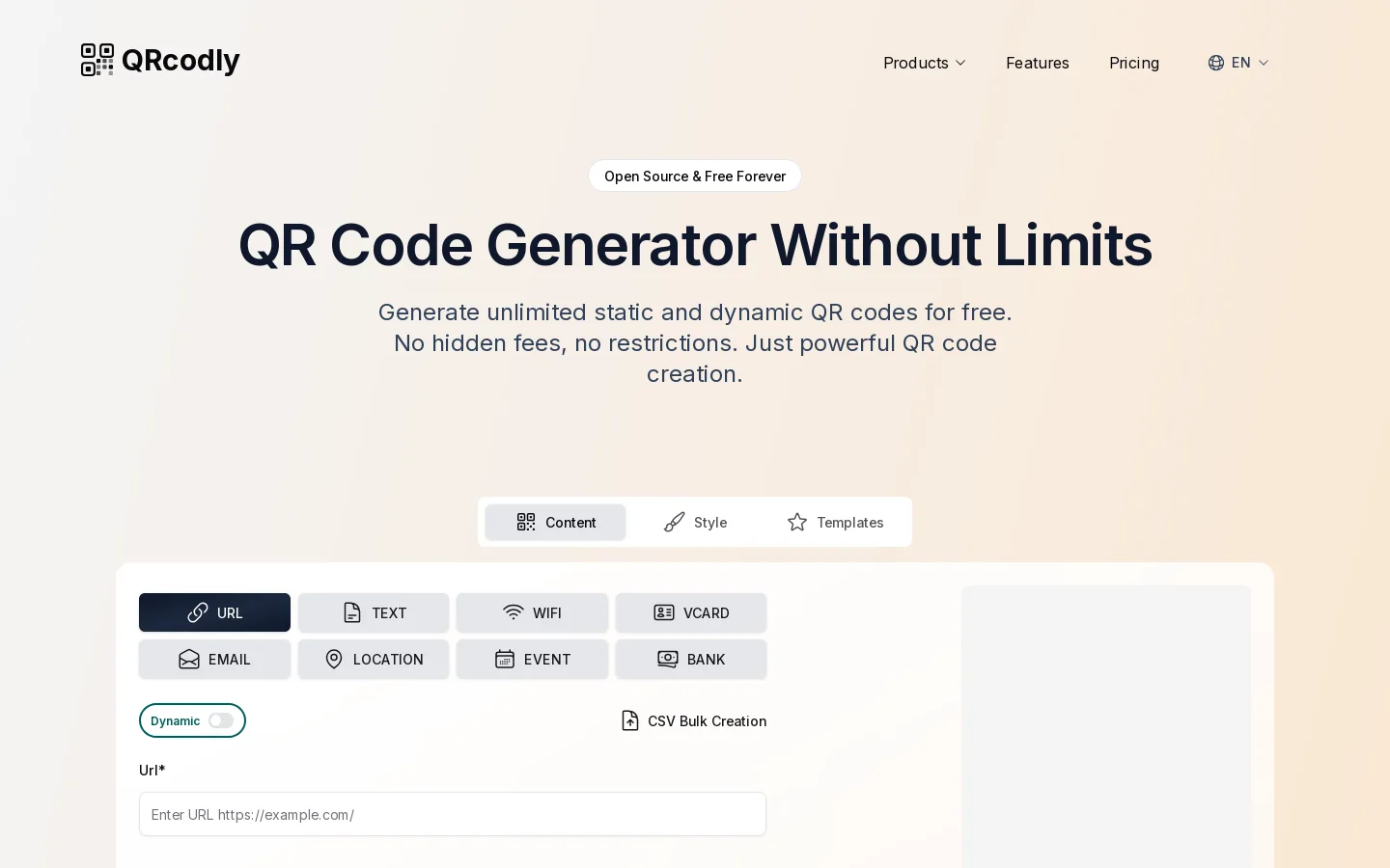 QRcodly Homepage screenshot