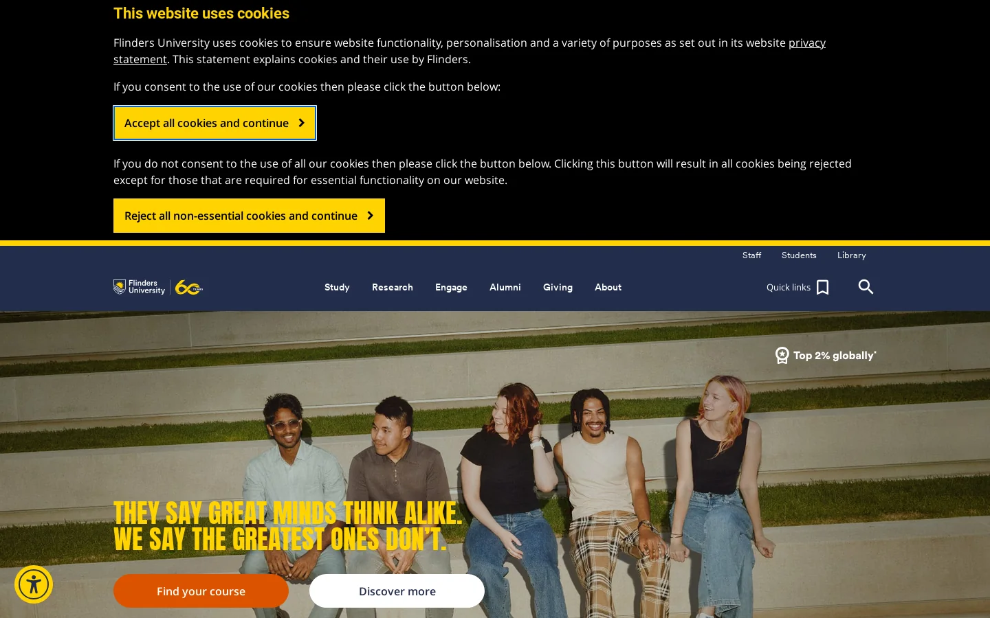 Flinders University Homepage screenshot