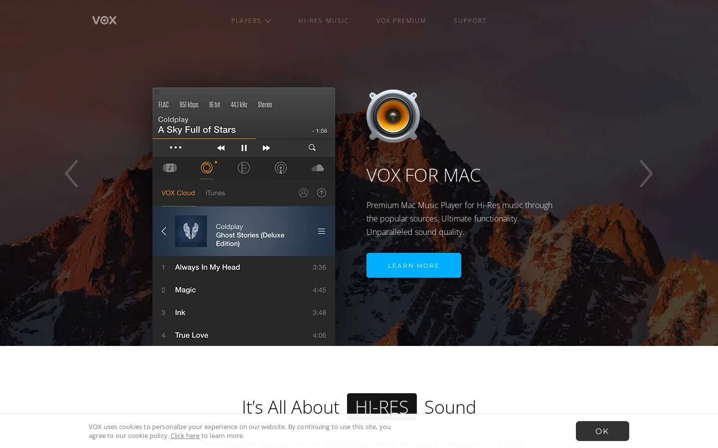 VOX Music Player for Mac & iPhone Homepage screenshot