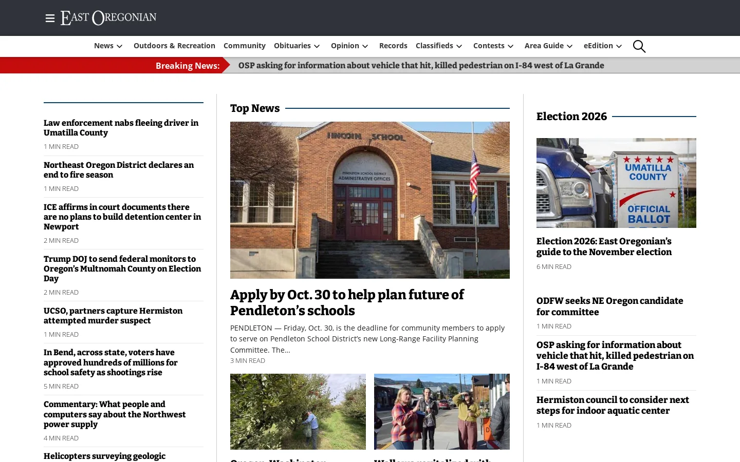 East Oregonian Homepage screenshot