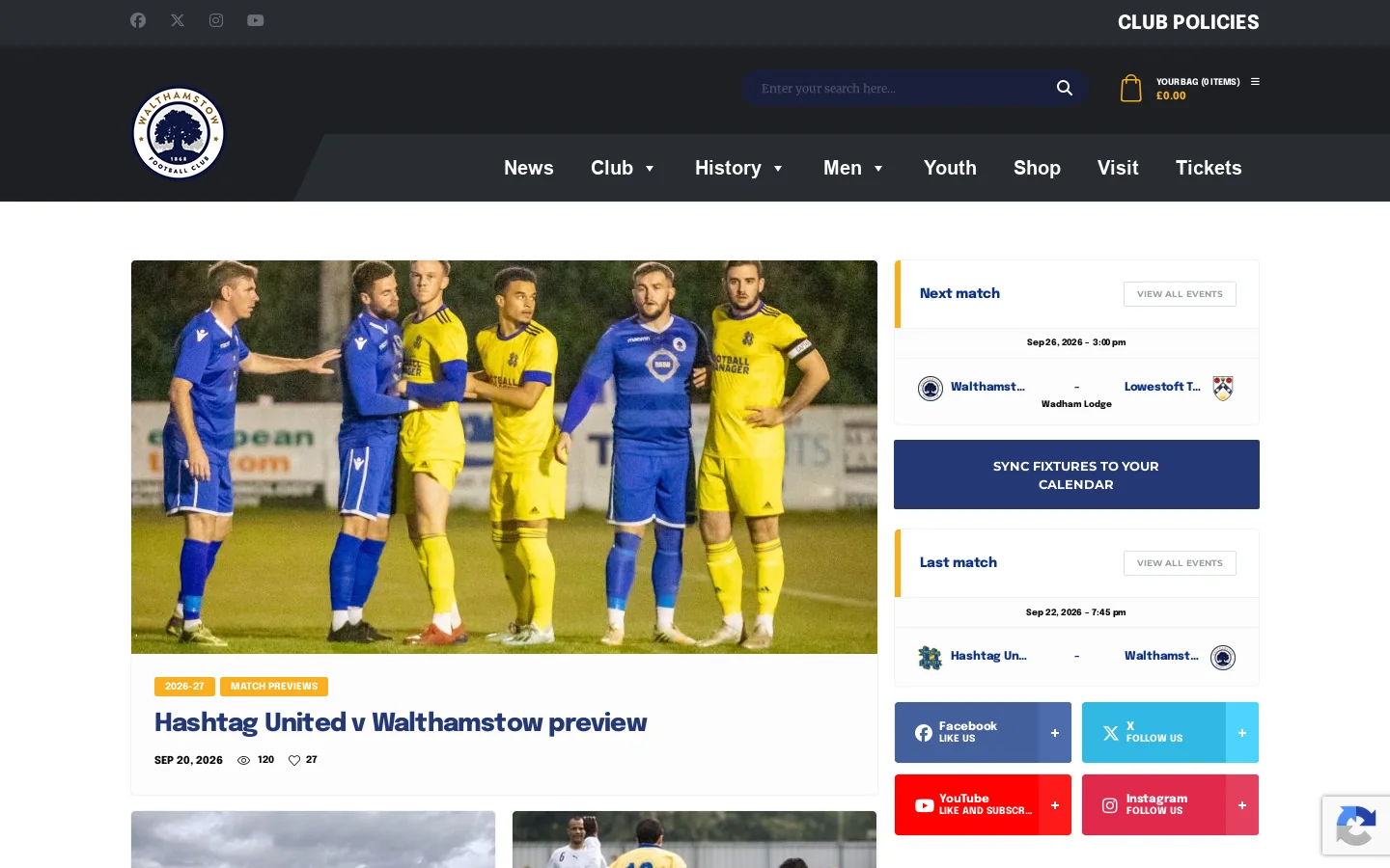 Walthamstow Football Club – The official Walthamstow FC website with news, fixtures, match reports, directions, and photographs. Formerly Waltham Forest, Leyton Pennant and Leyton FCs. Homepage screenshot