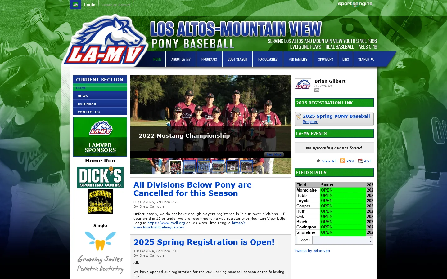 Los Altos-Mountain View Pony Baseball Homepage screenshot