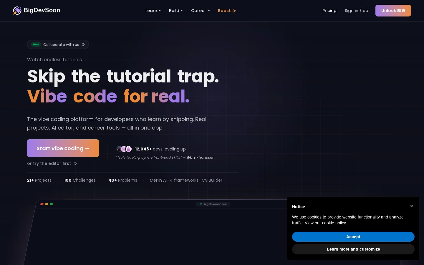 BigDevSoon Homepage screenshot