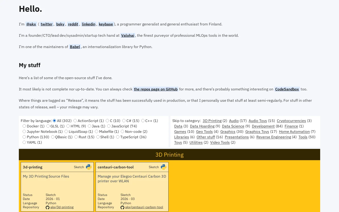 @akx Homepage screenshot
