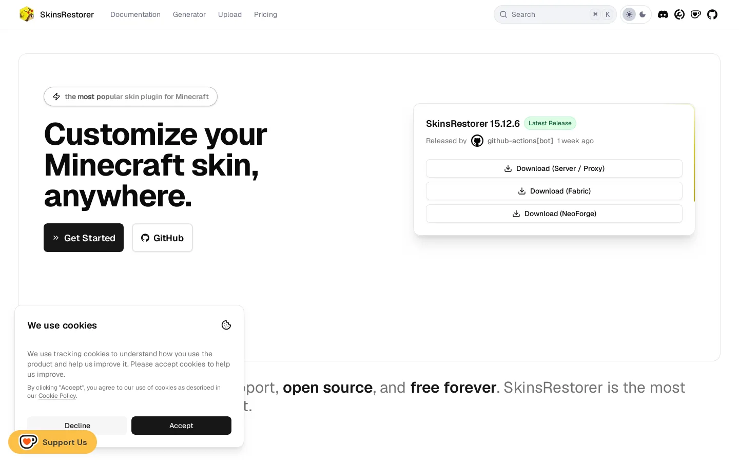 SkinsRestorer Homepage screenshot