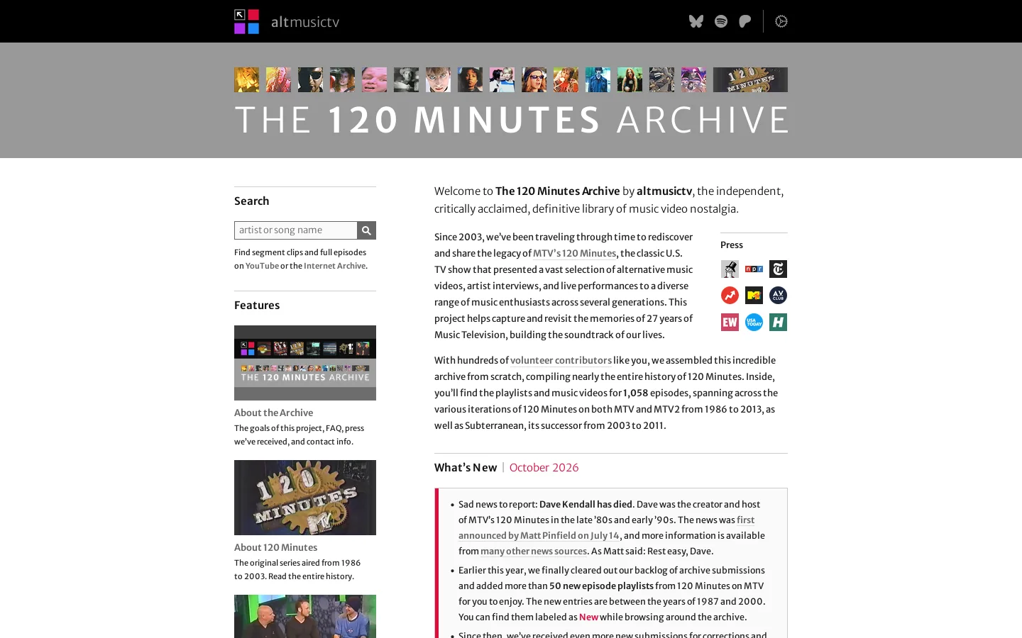 The 120 Minutes Archive | Classic Alternative Music Videos Homepage screenshot