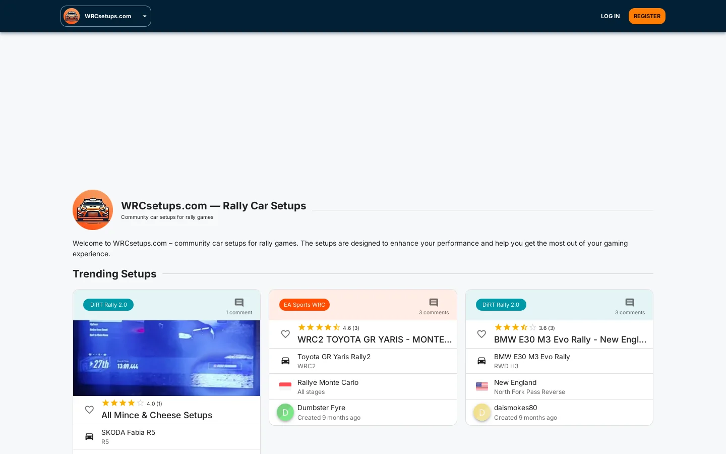 WRCsetups.com Homepage screenshot
