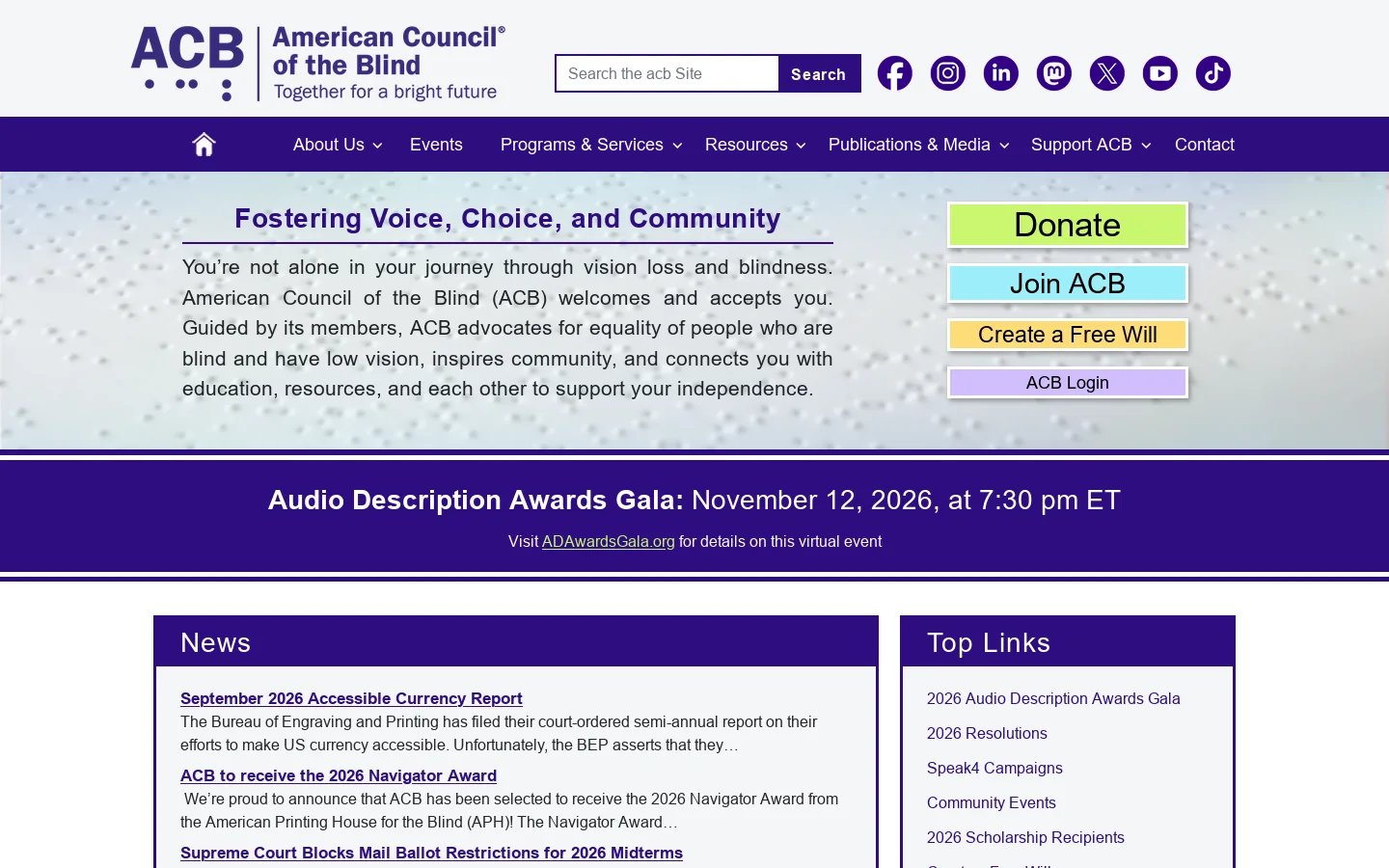 Home Page | American Council of the Blind Homepage screenshot