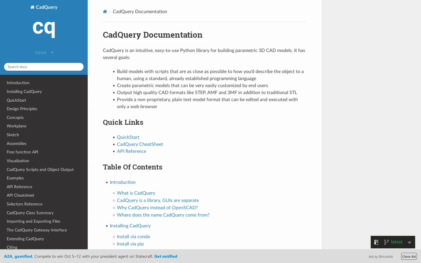 CadQuery Documentation Homepage screenshot