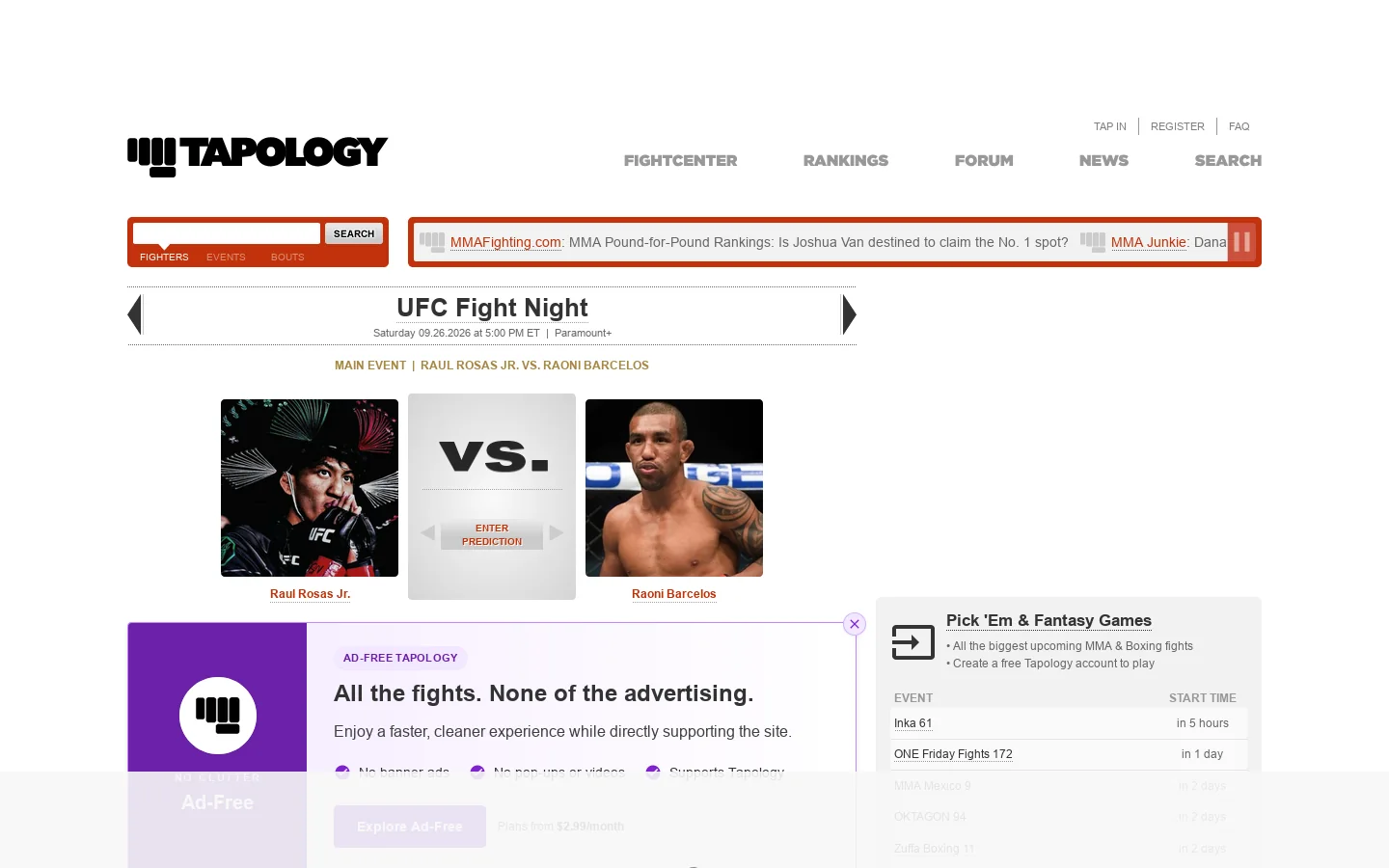 Tapology Homepage screenshot