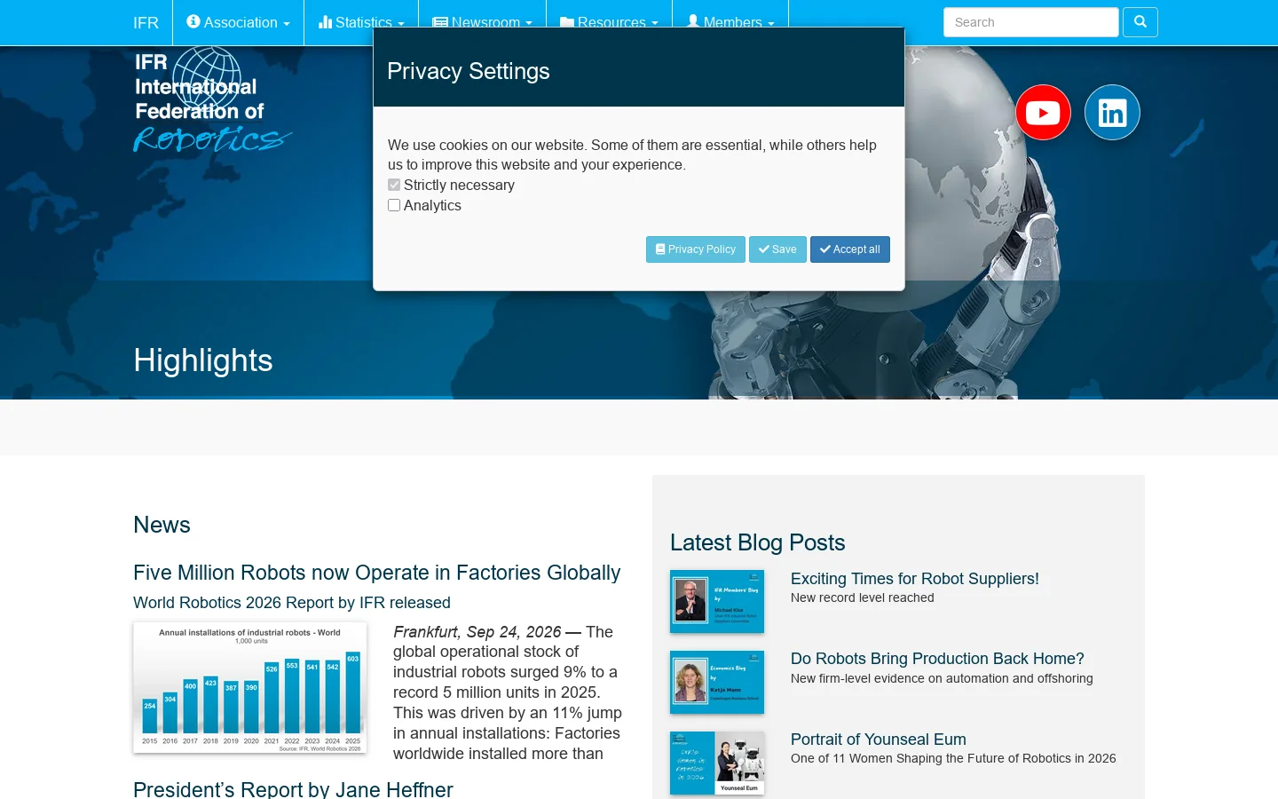 International Federation of Robotics Homepage screenshot