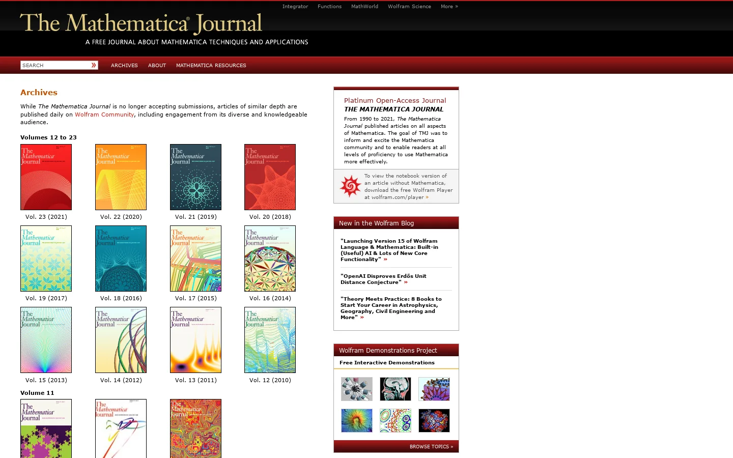 The Mathematica Journal: Mathematica Techniques and Applications Homepage screenshot