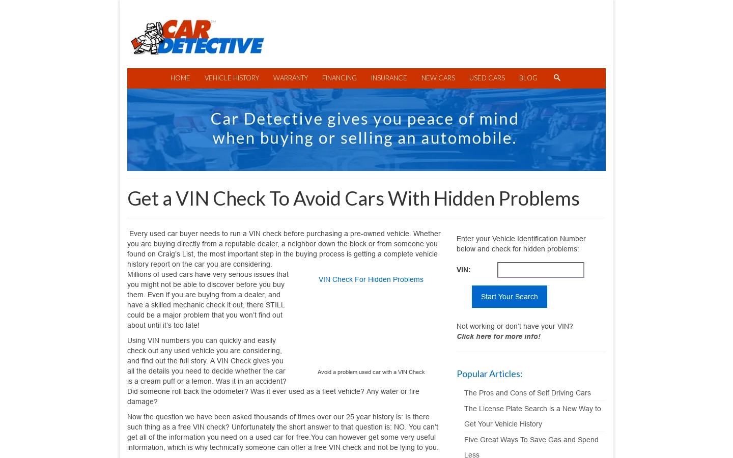 Get Your VIN Check For Free and Find Hidden Problems With Any Car Homepage screenshot