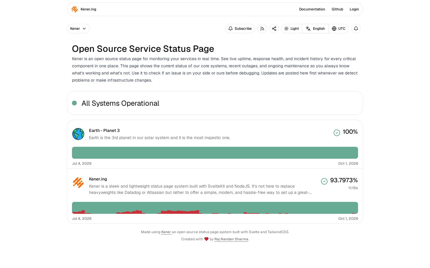 Kener Homepage screenshot