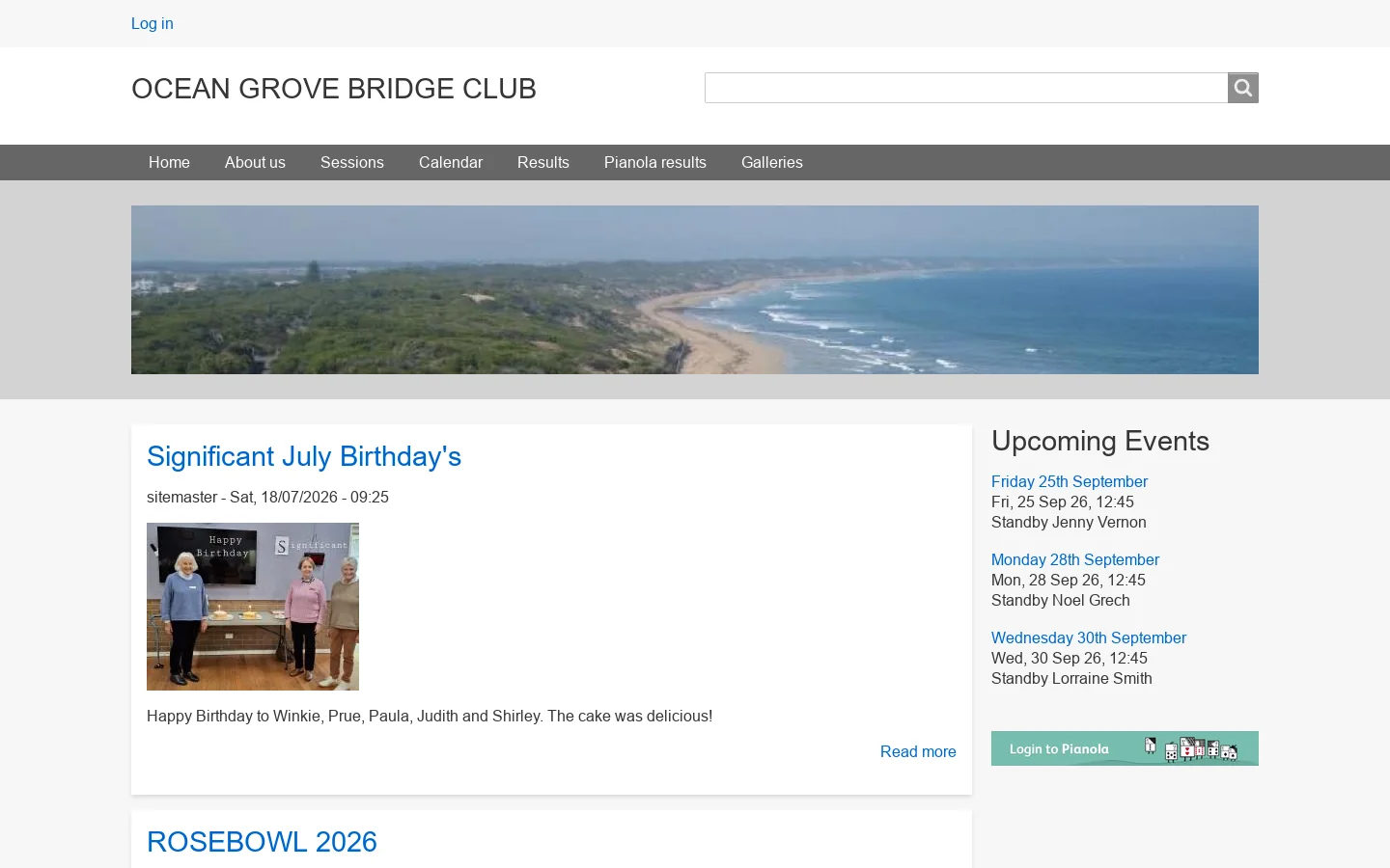 Ocean Grove Bridge Club Homepage screenshot