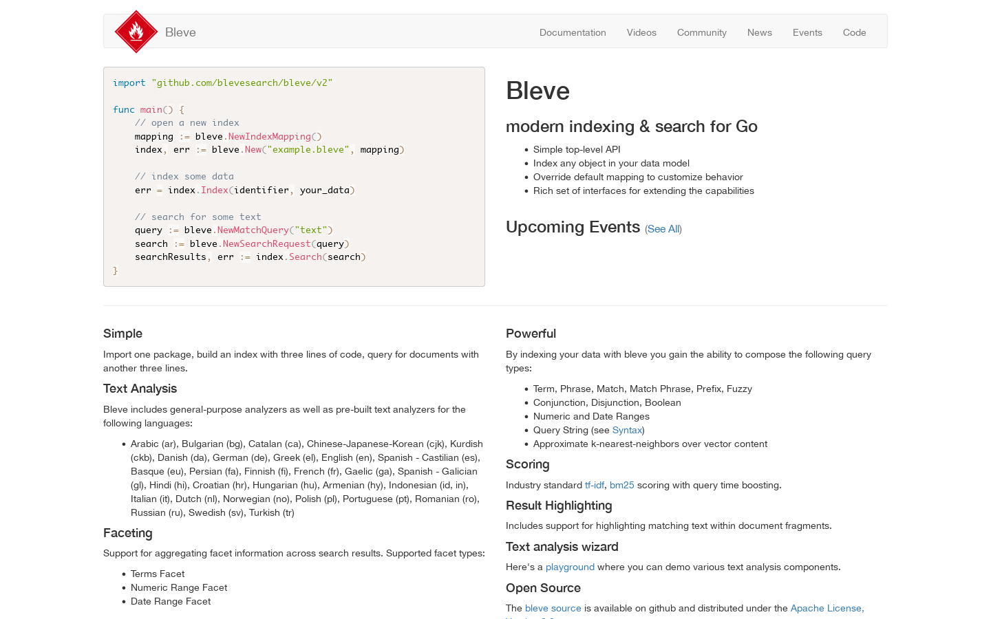 Bleve -- Bleve Homepage screenshot