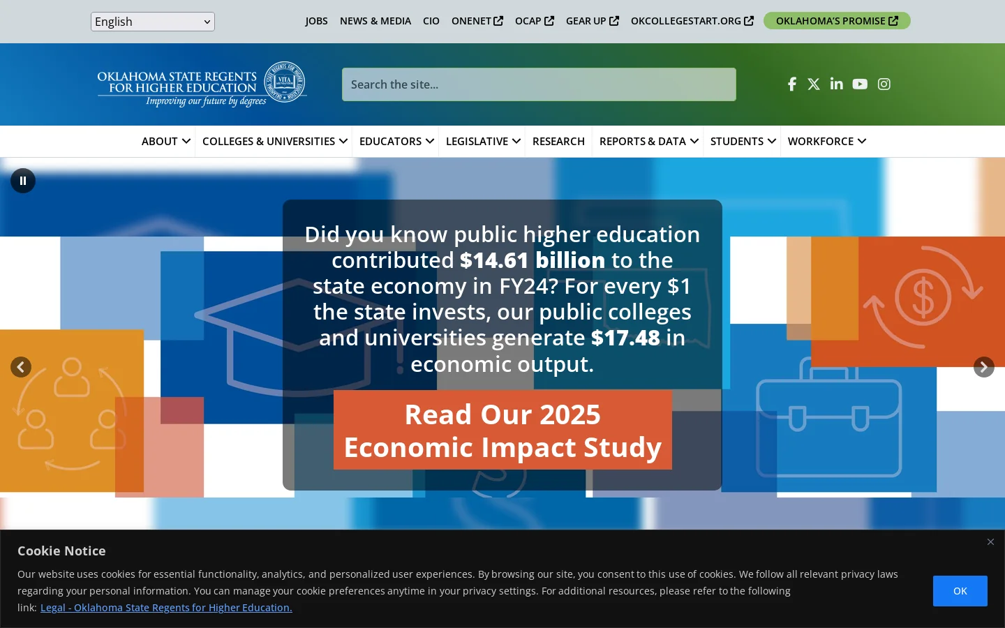 Okhighered Homepage screenshot