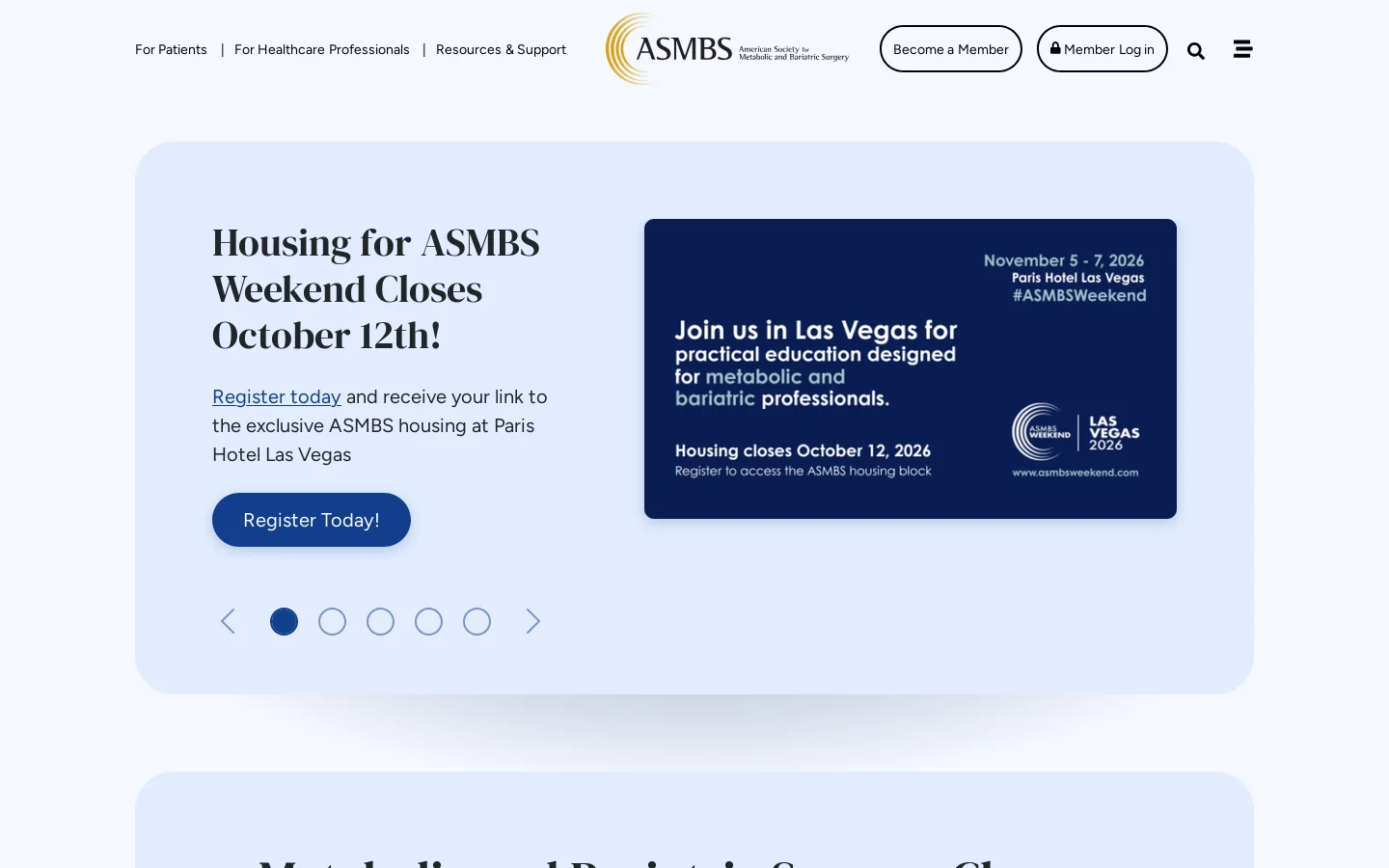 American Society for Metabolic and Bariatric Surgery Homepage screenshot