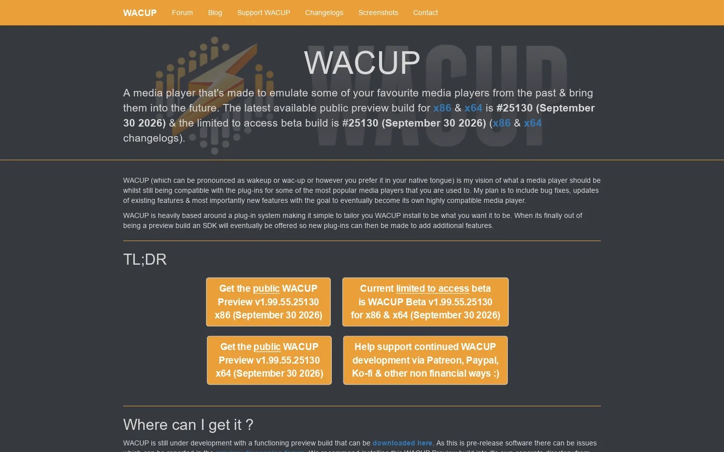 WACUP Homepage screenshot