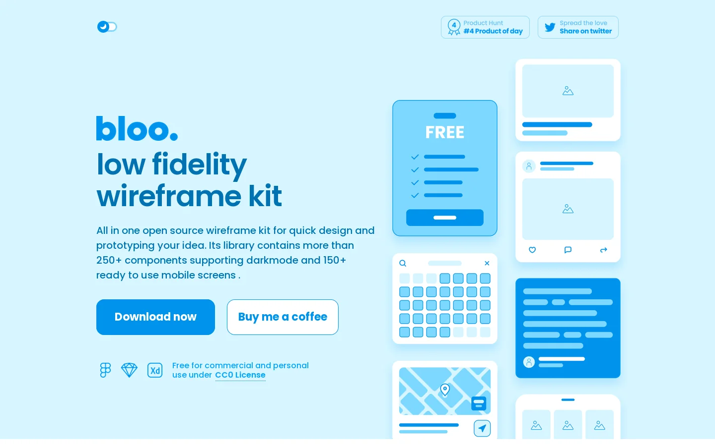 Bloo Low Fidelity Wireframe Kit Homepage screenshot