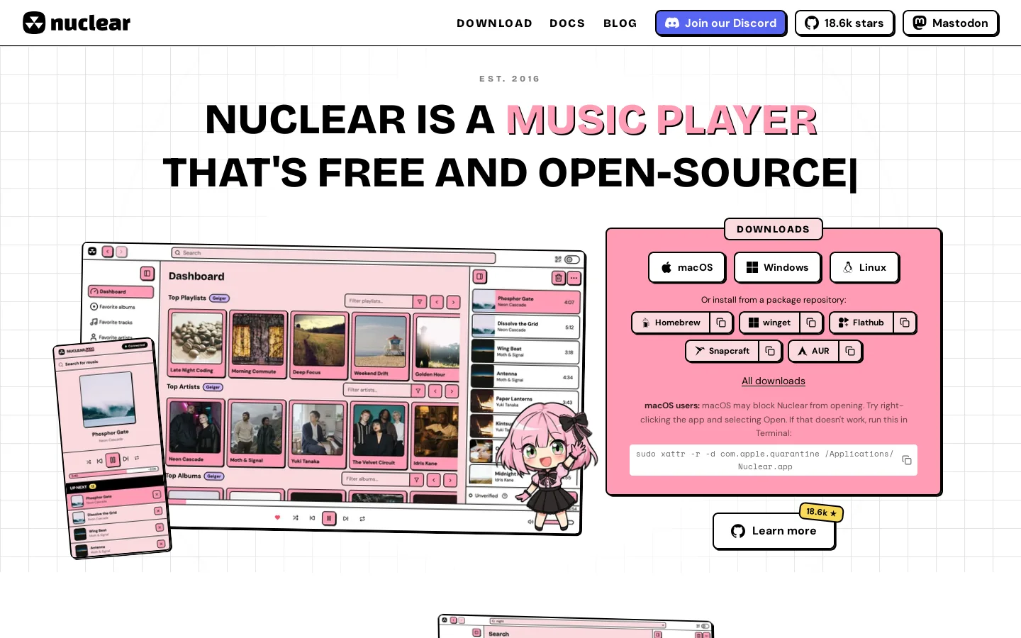 Nuclear - Free Open-Source Music Player Homepage screenshot