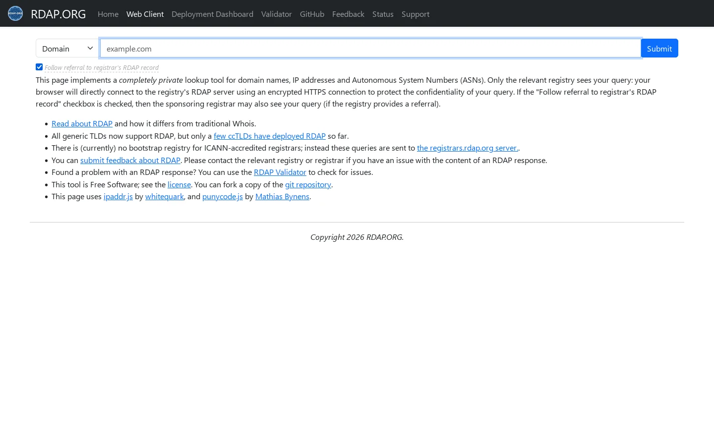 RDAP Lookup - a private domain name lookup tool - RDAP.ORG Homepage screenshot