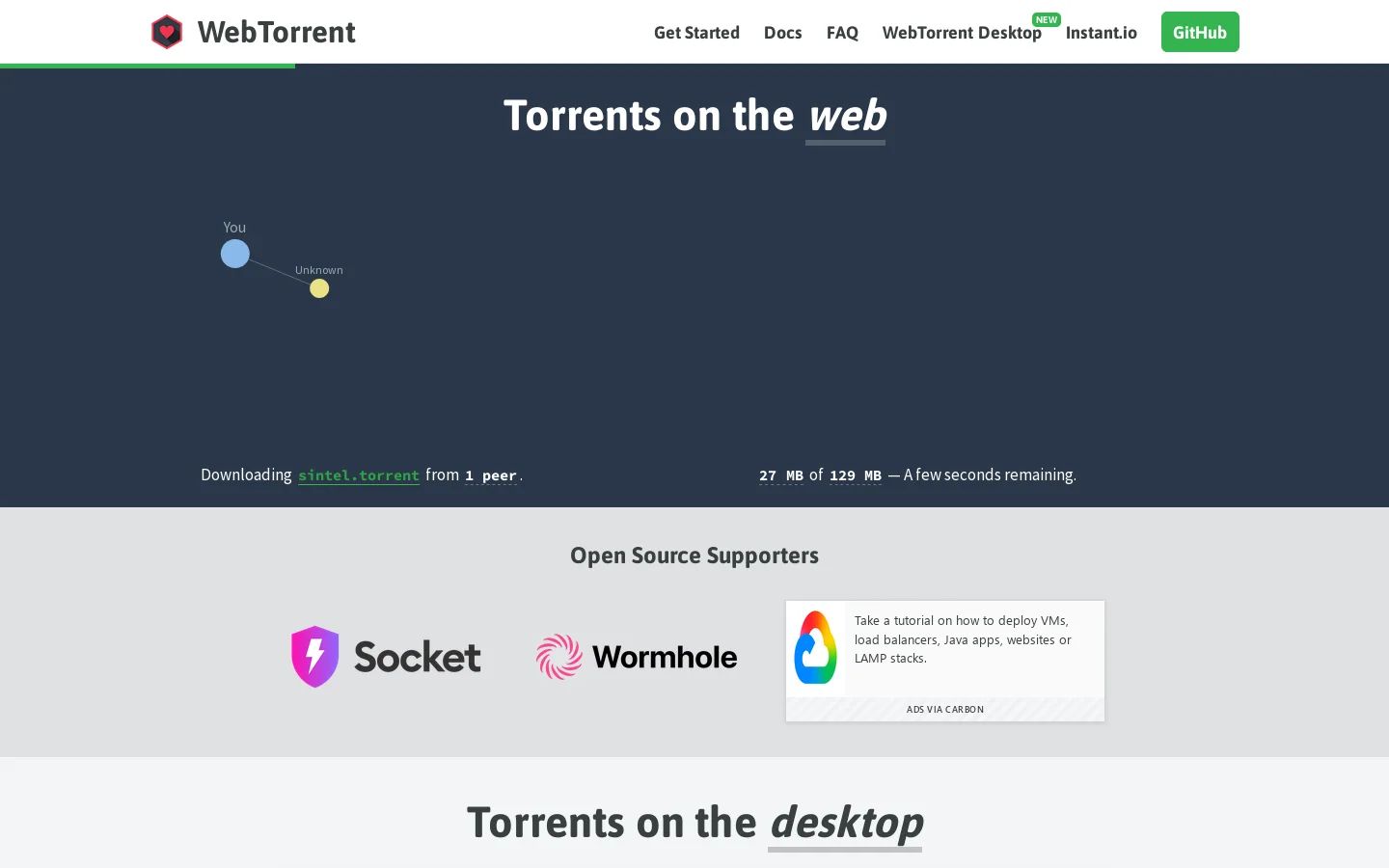 WebTorrent Homepage screenshot