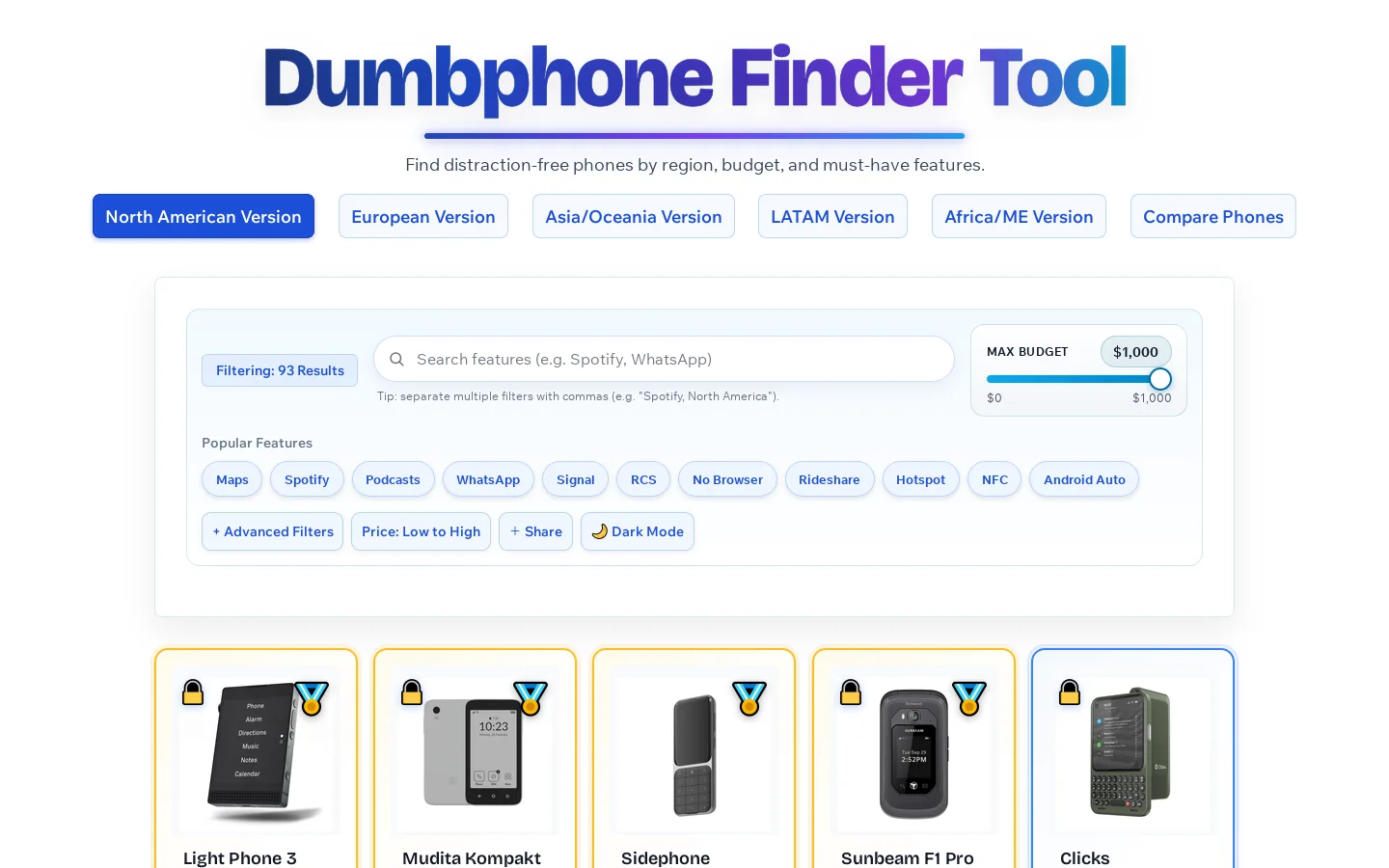 Dumbphone Finder Tool Homepage screenshot