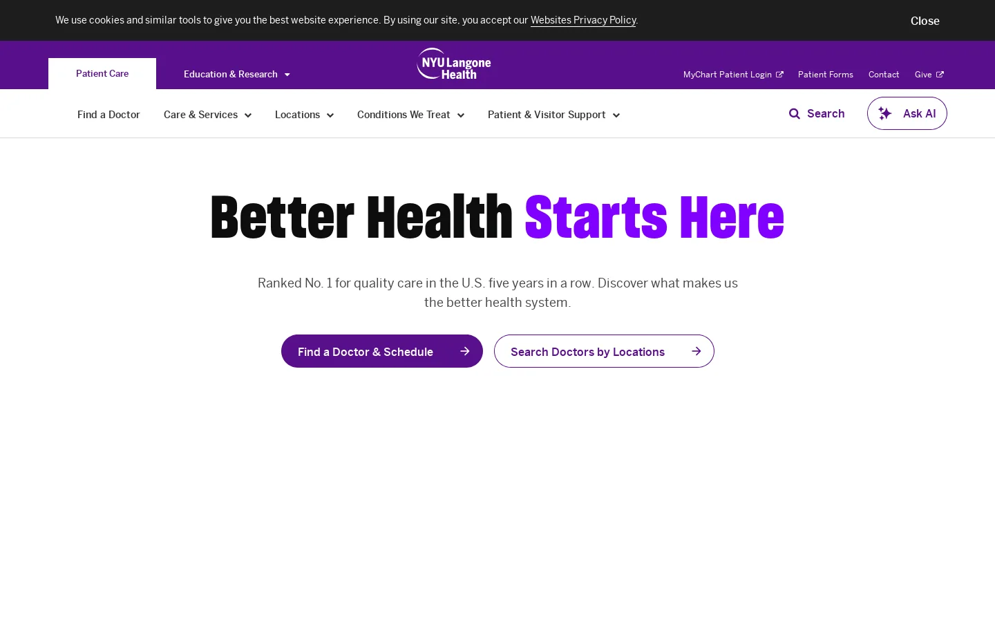 Patient Care at NYU Langone Health Homepage screenshot