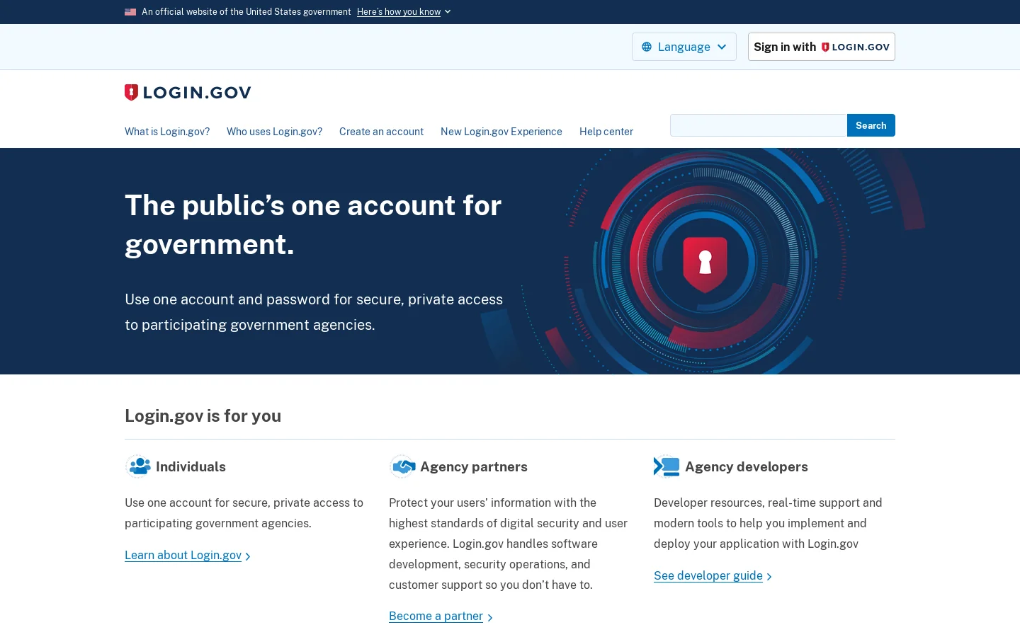 Login.gov Homepage screenshot