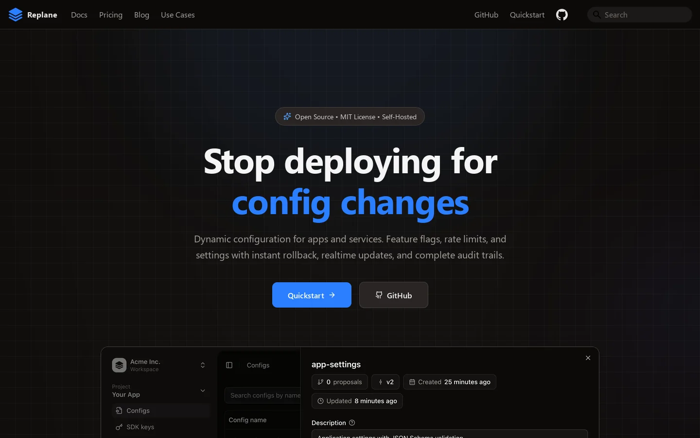Replane Homepage screenshot