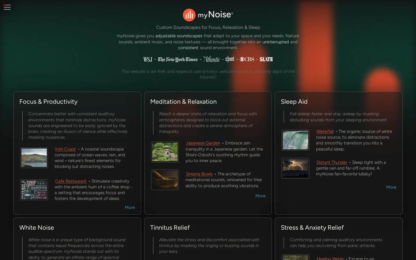 myNoise ® Homepage screenshot