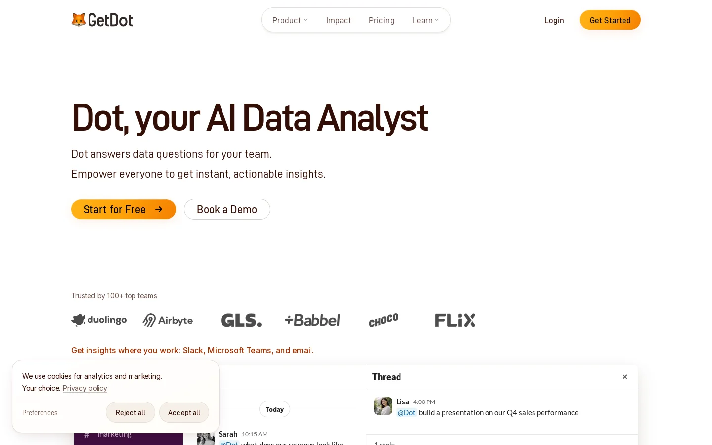 Dot · Your Data Team, Scaled by AI Homepage screenshot