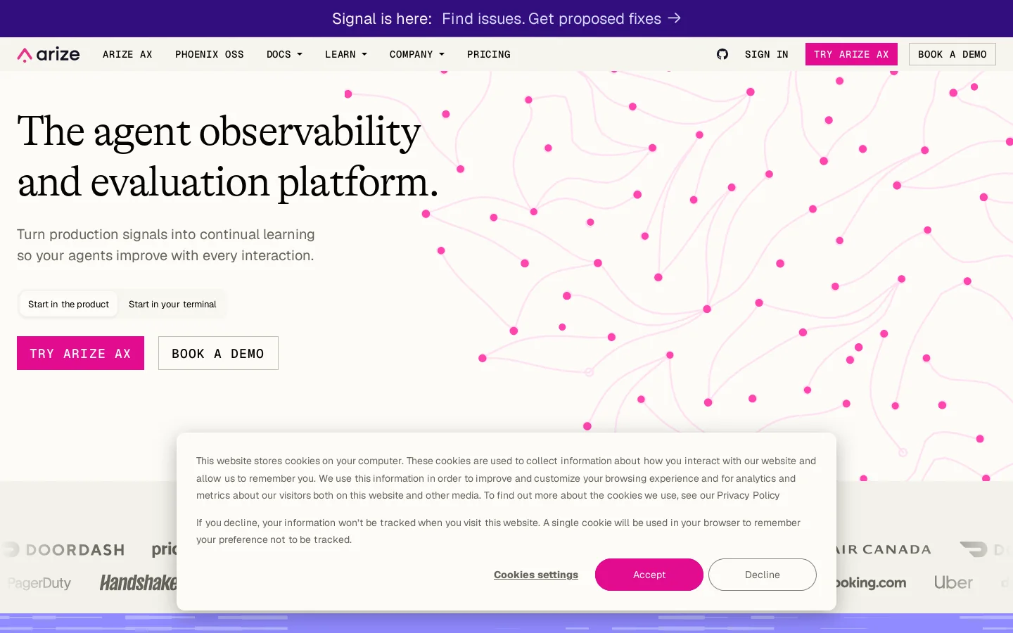 Arize AI Homepage screenshot