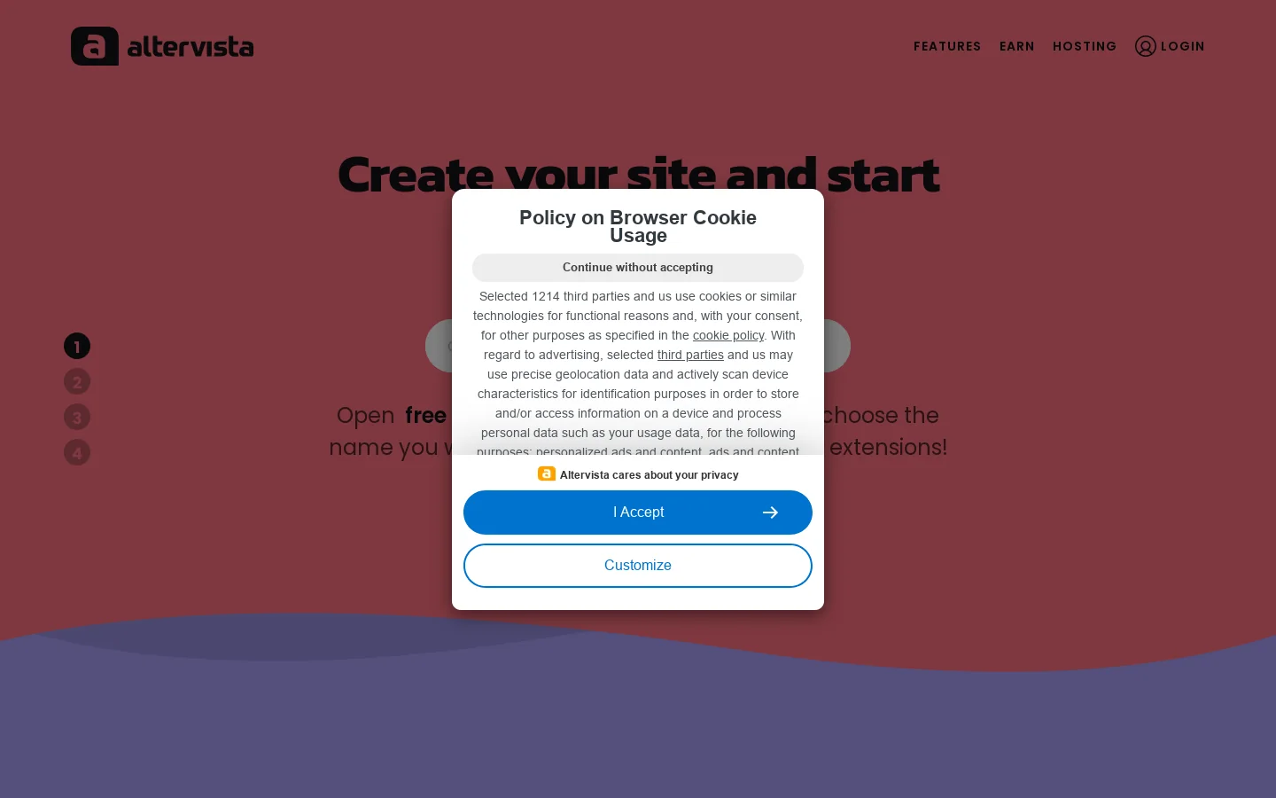 Create a blog or website for free and make money online - Altervista Homepage screenshot
