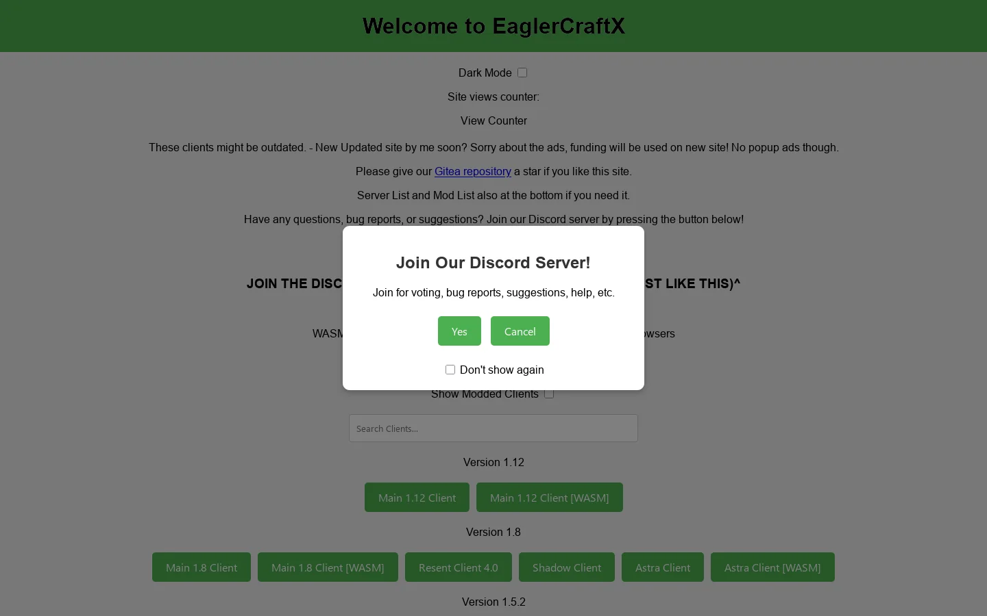 EaglerCraftX Homepage screenshot