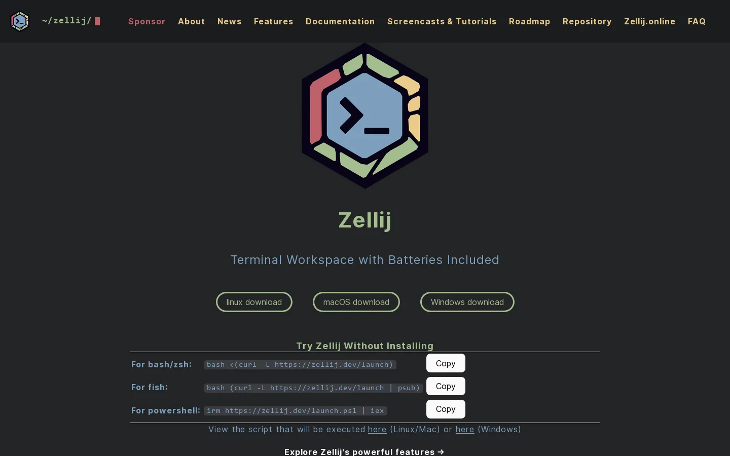 Zellij Homepage screenshot