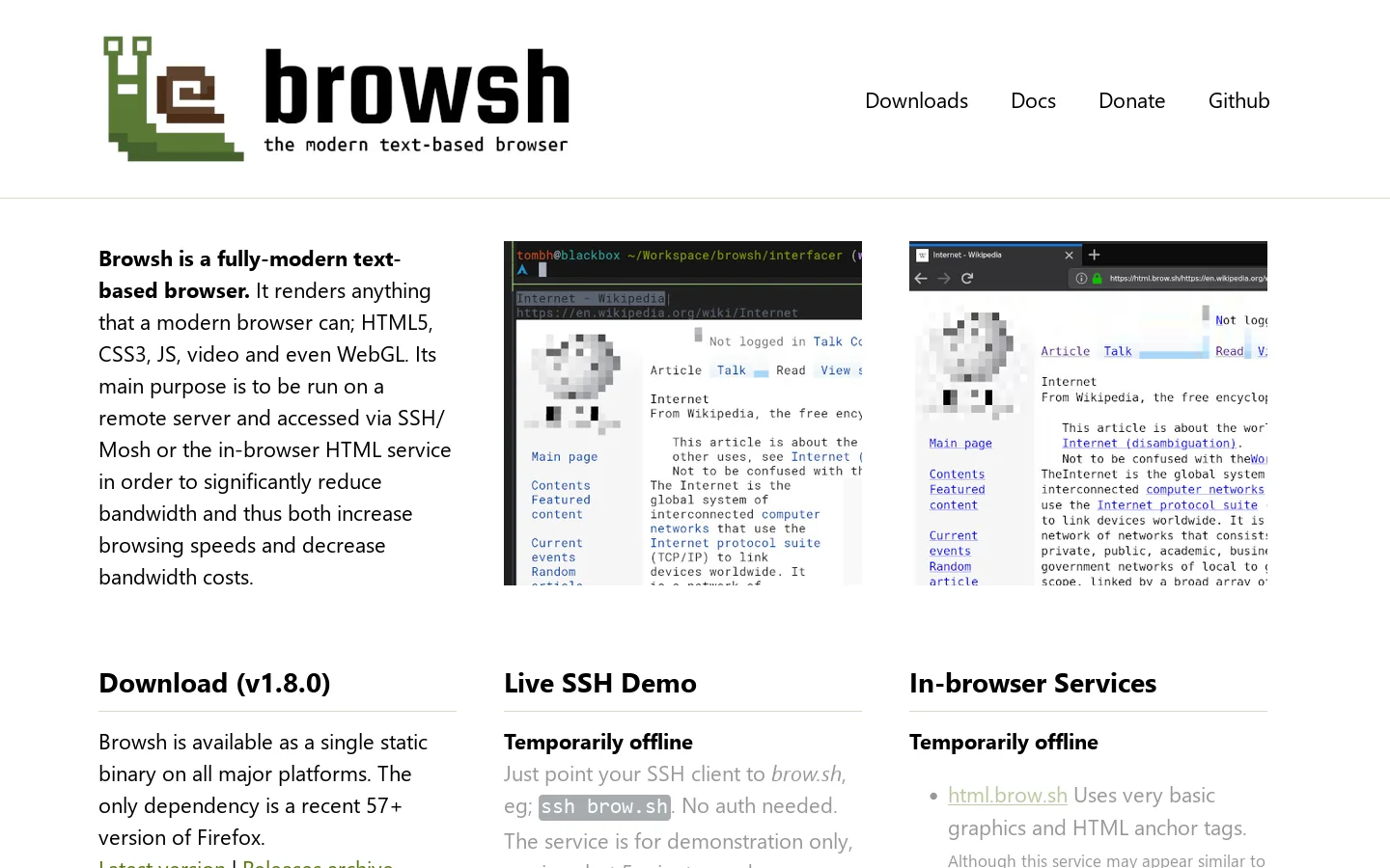 Browsh Homepage screenshot