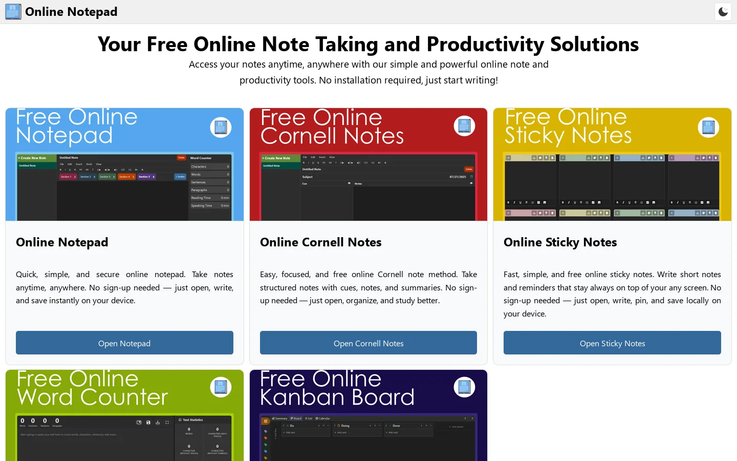 Online Notepad Homepage screenshot