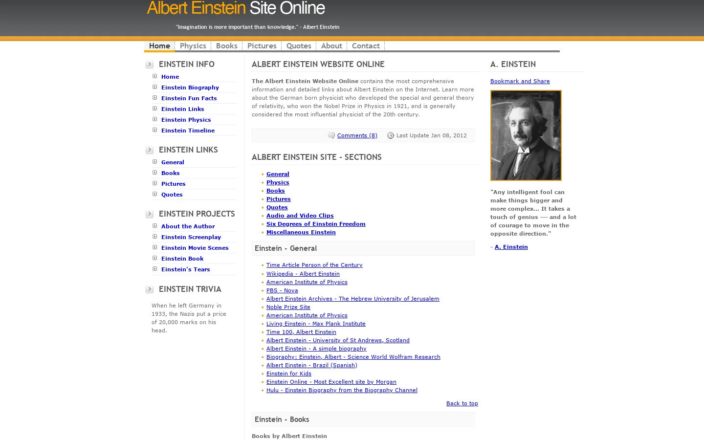 Albert Einstein Site Online Homepage screenshot