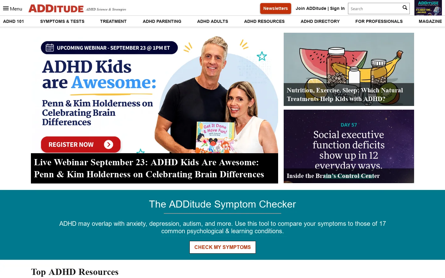 ADDitude - ADD & ADHD Symptom Tests, Signs, Treatment, Support Homepage screenshot