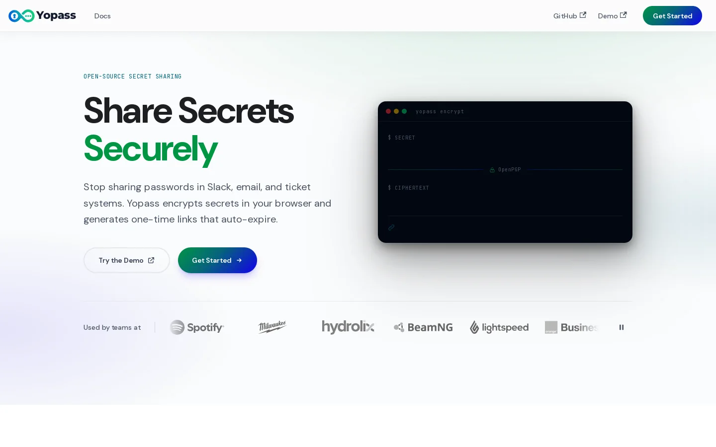 Yopass Homepage screenshot