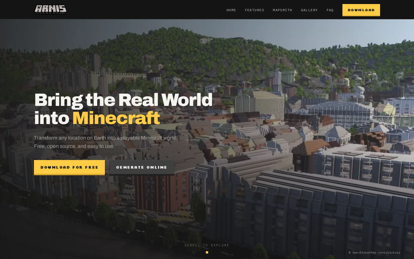 Arnis - Generate Real-World Minecraft Maps | Official, Free & Open Source Homepage screenshot