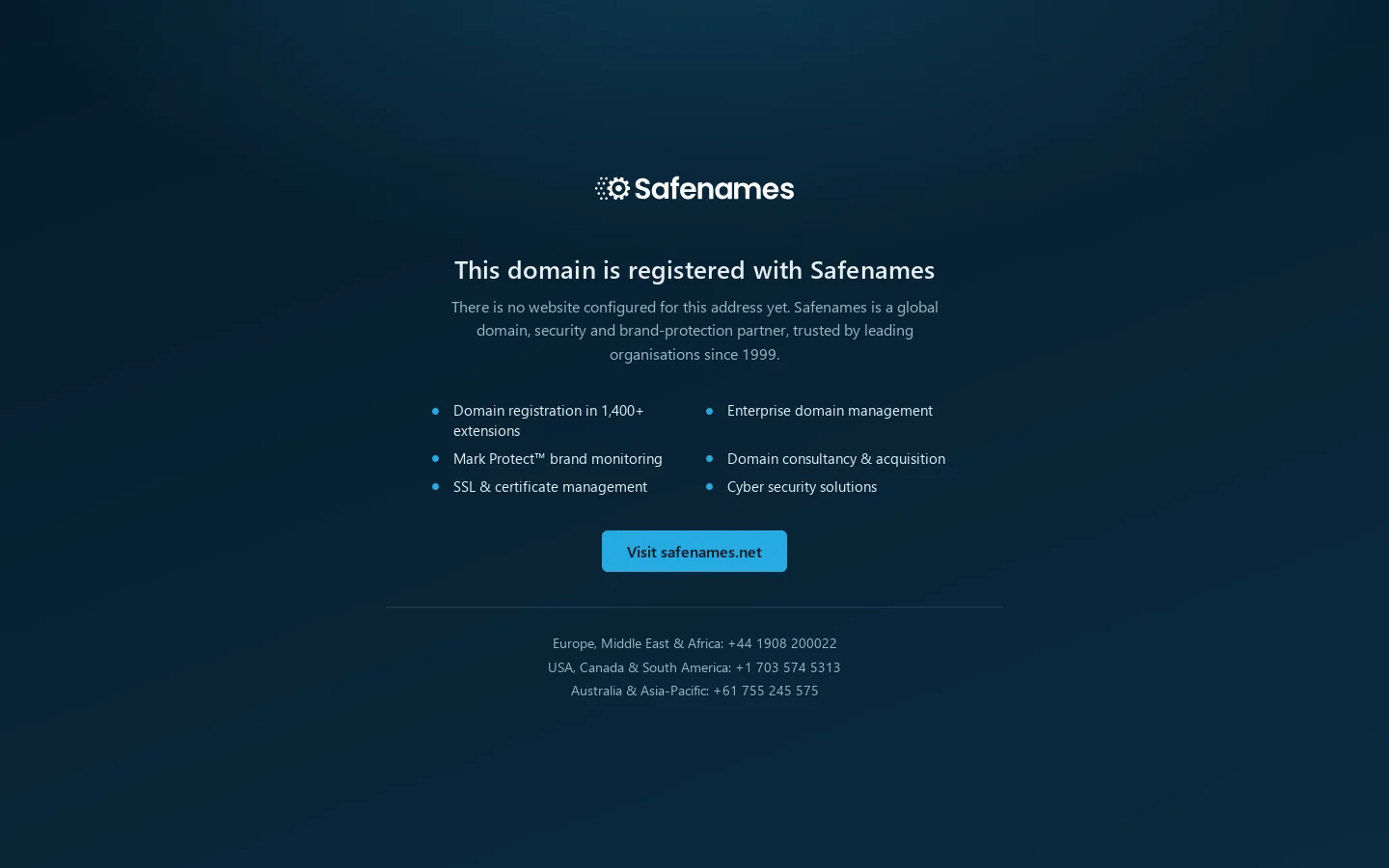 Domain Registered at Safenames Homepage screenshot