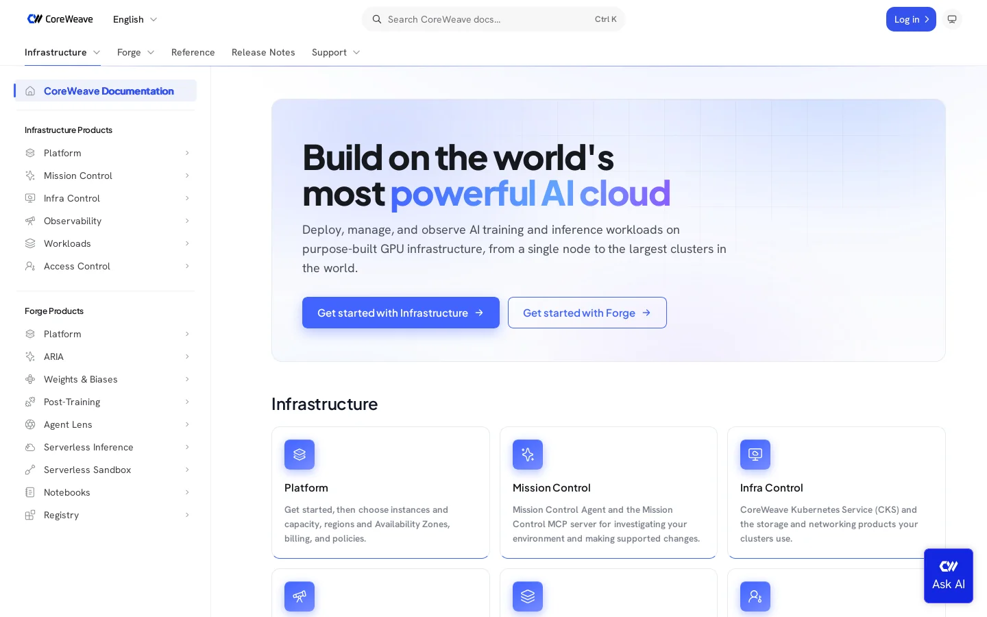 Forge Home - CoreWeave Docs Homepage screenshot