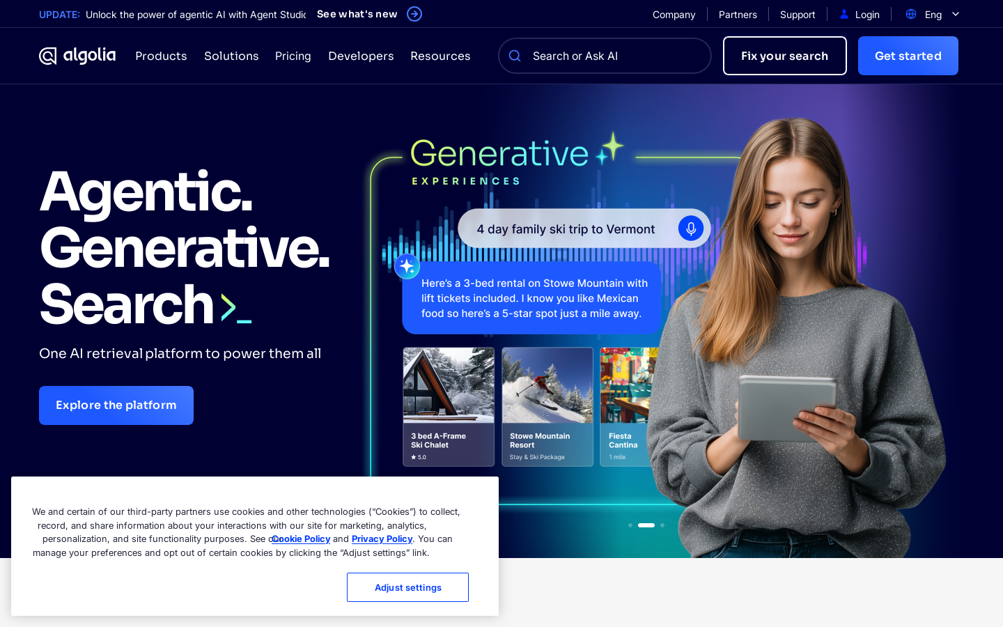 The AI search and retrieval platform - Agentic | Generative | Search Homepage screenshot