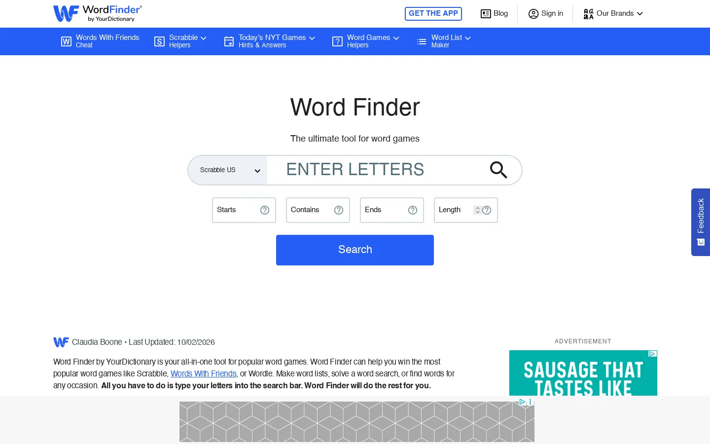Word Finder Homepage screenshot