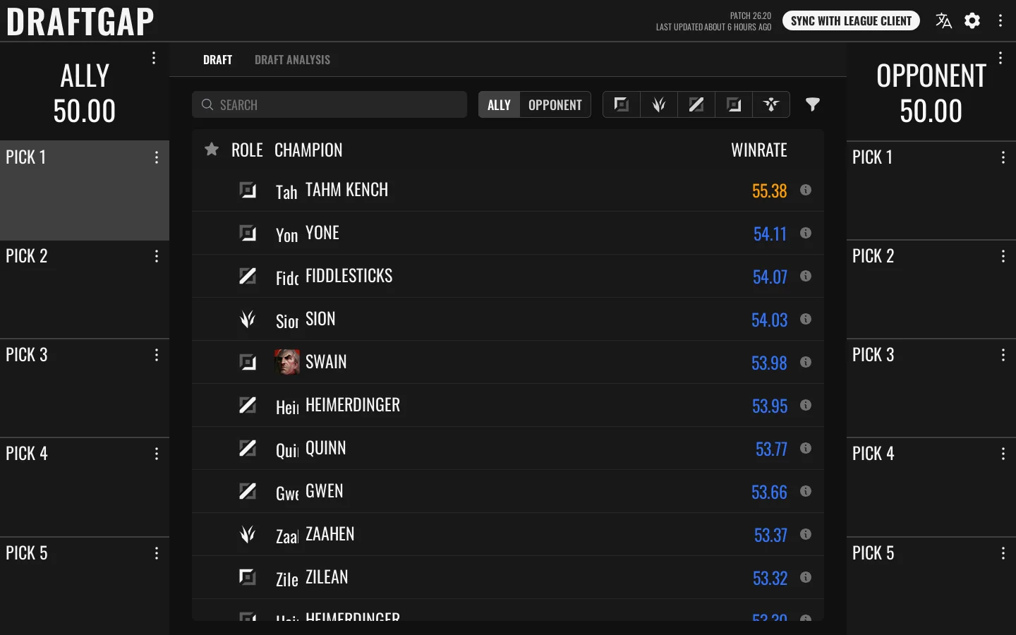 DraftGap Homepage screenshot